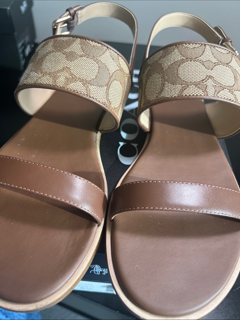 Coach Signature Canvas & Brown Leather Strap Sandals